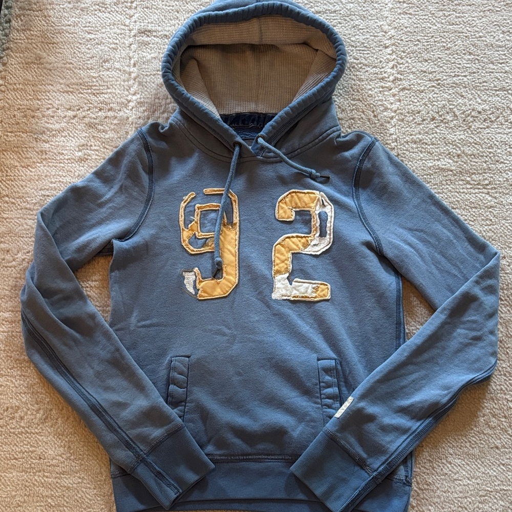 VINTAGE Abercrombie & Fitch Blue Hoodie with Gold and White Detail